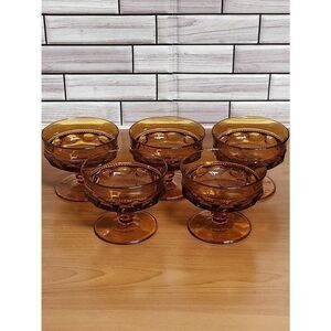 5 Amber King's Crown, Thumbprint Sherbet Glasses/ Vintage Amber Dessert Cups/Ind